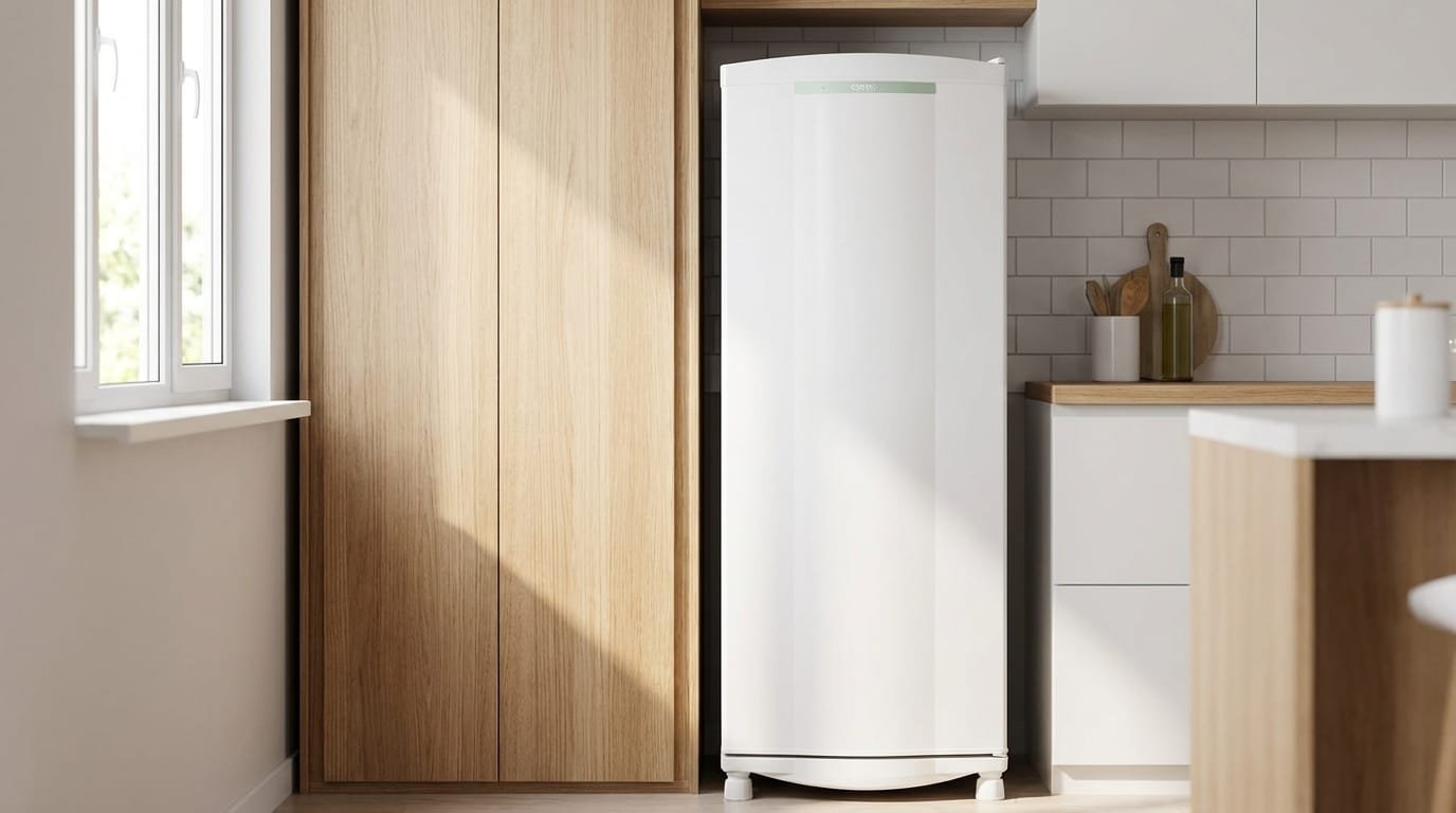 Geladeira Consul CRA30FB em cozinha compacta moderna ao lado do armário