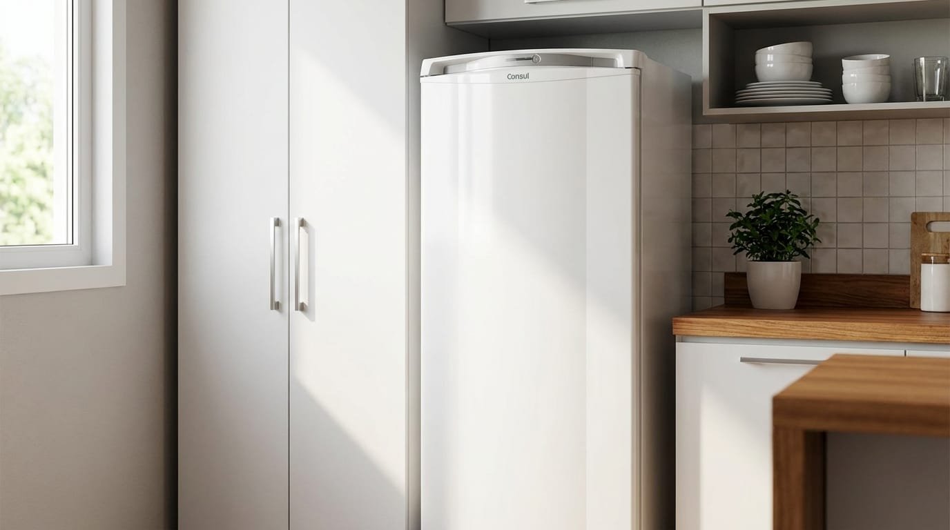Geladeira Consul CRB39AB 342L frost free branca em cozinha moderna ao lado do armário.