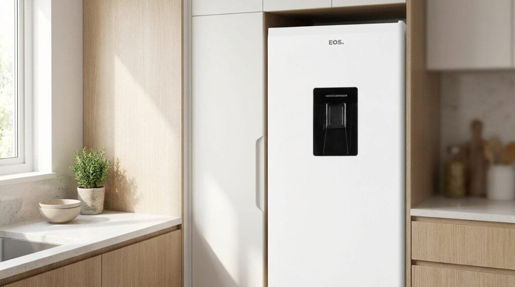 Geladeira EOS ERV200B em cozinha compacta com dispenser na porta
