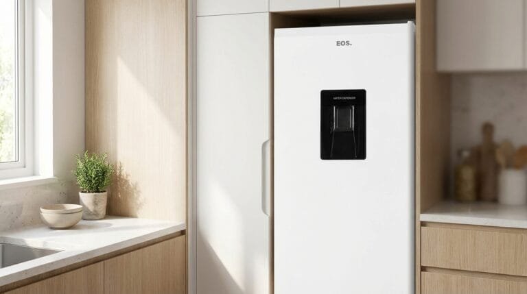 Geladeira EOS ERV200B em cozinha compacta com dispenser na porta