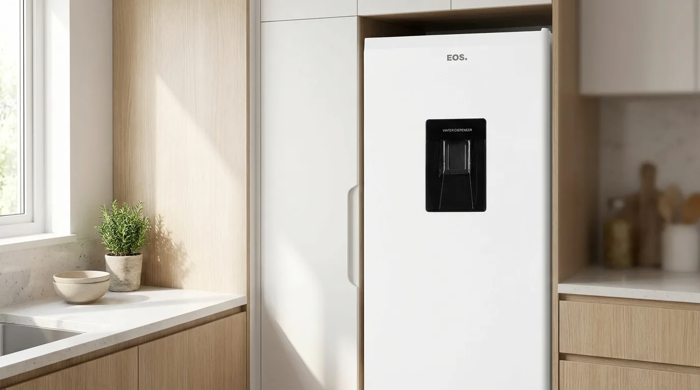 Geladeira EOS ERV200B em cozinha compacta com dispenser na porta