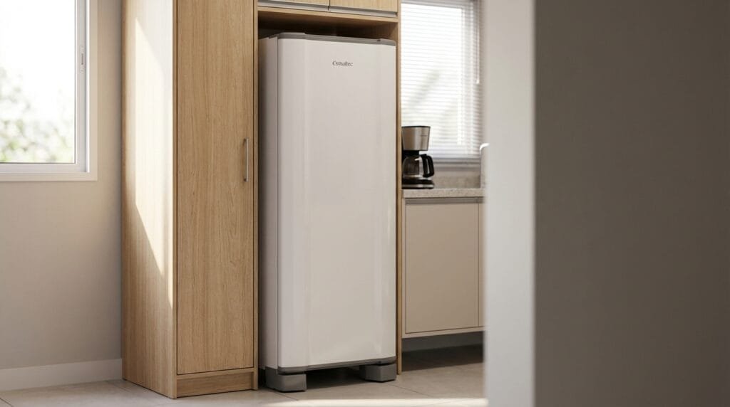 Geladeira Esmaltec ROC31PRO em cozinha compacta moderna