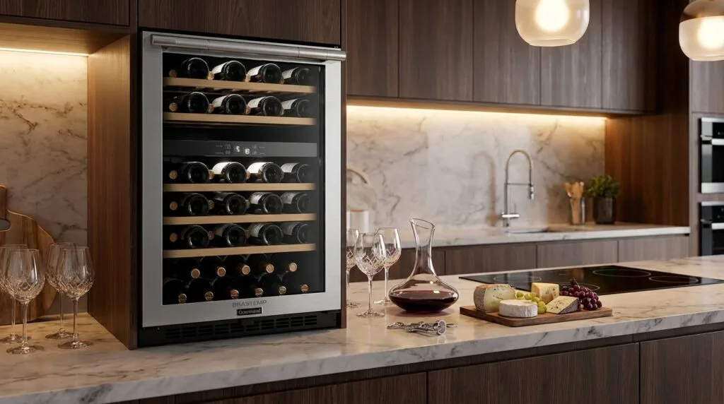 Adega Climatizada Brastemp Gourmand BZB51AE dual zone para 51 garrafas em cozinha luxuosa moderna