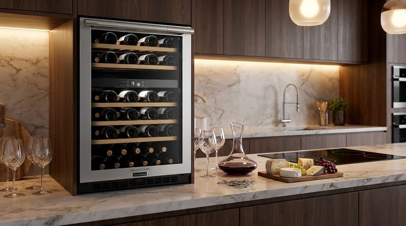 Adega Climatizada Brastemp Gourmand BZB51AE dual zone para 51 garrafas em cozinha luxuosa moderna