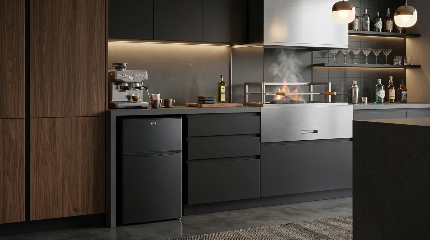 Melhor frigobar EOS EFB140D predo, duplex premium, em cozinha moderna compacta e elegante