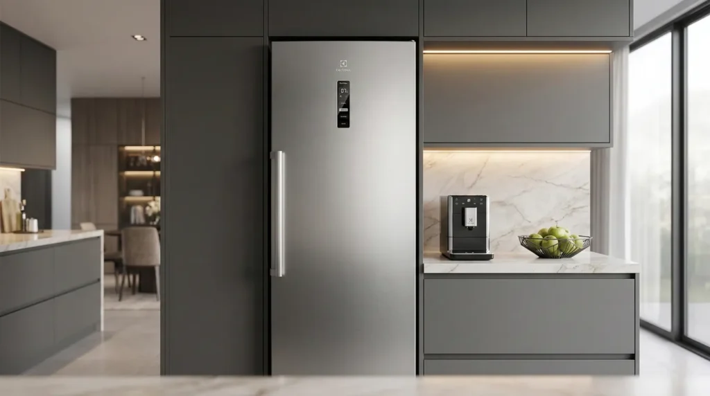 Melhor Geladeira 1 Porta Electrolux RTI4S sensores Autosense em cozinha moderna de alto padrão