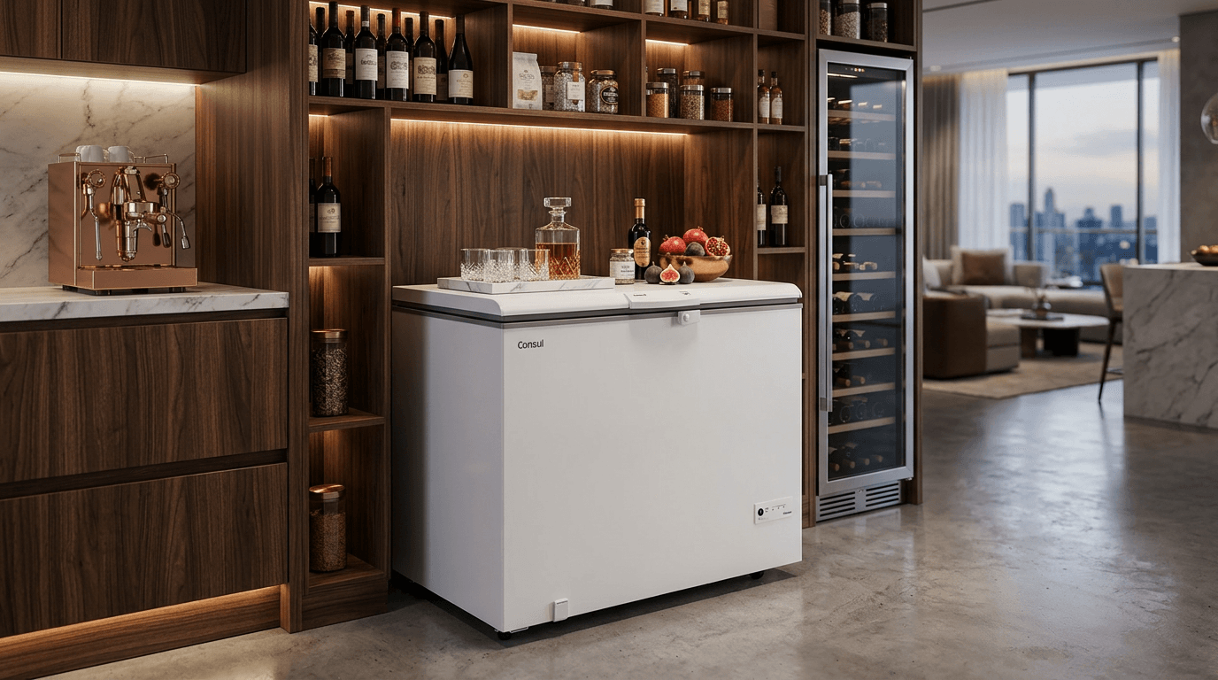 Freezer Horizontal Consul CHA31FB em garagem moderna organizada