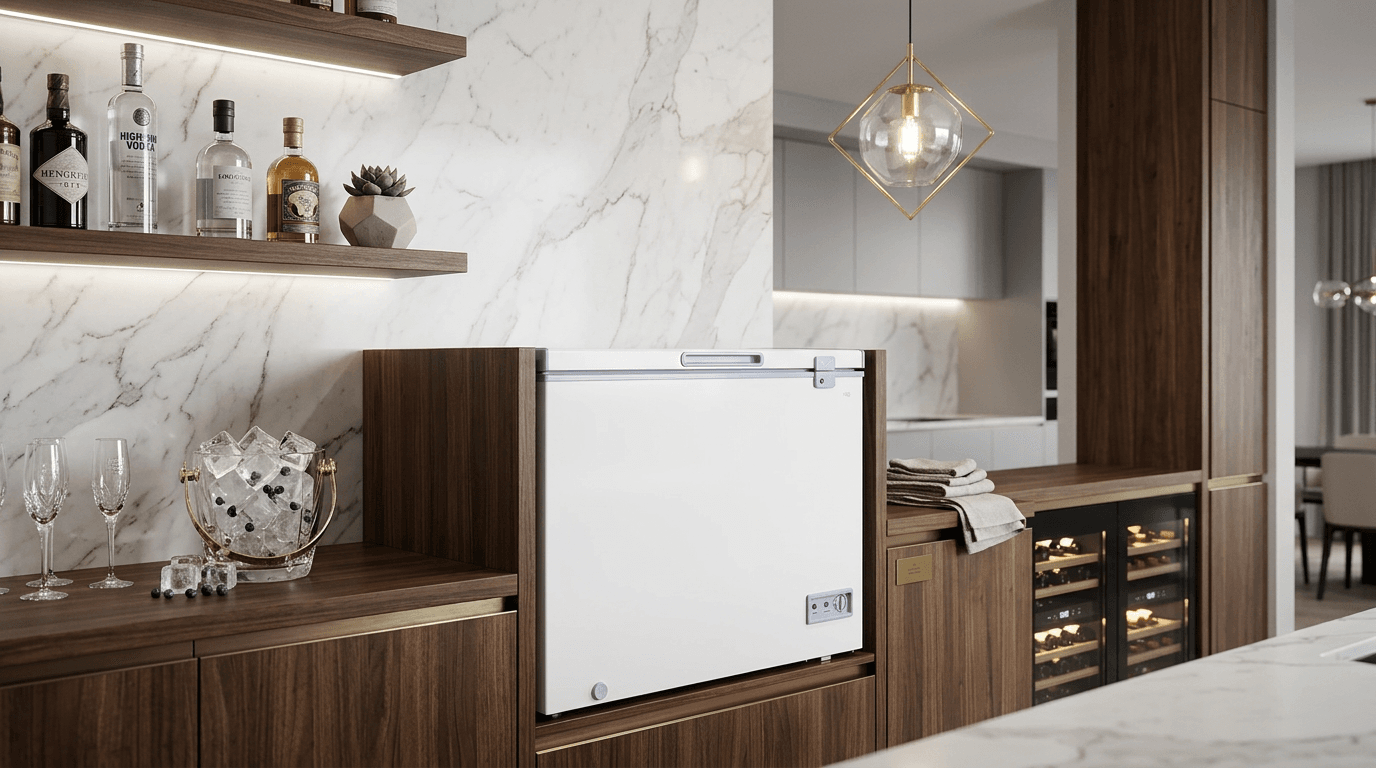 Freezer Horizontal HQ HQ-200CFX em lavanderia moderna com cesto interno visível