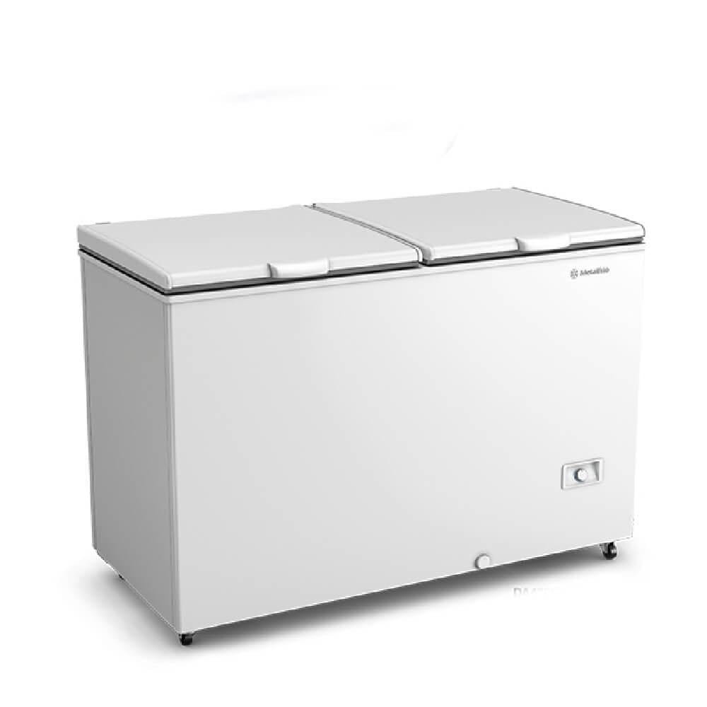 Freezer Horizontal Metalfrio DA420IF branco com tampas abertas mostrando interior organizado e espaçoso.