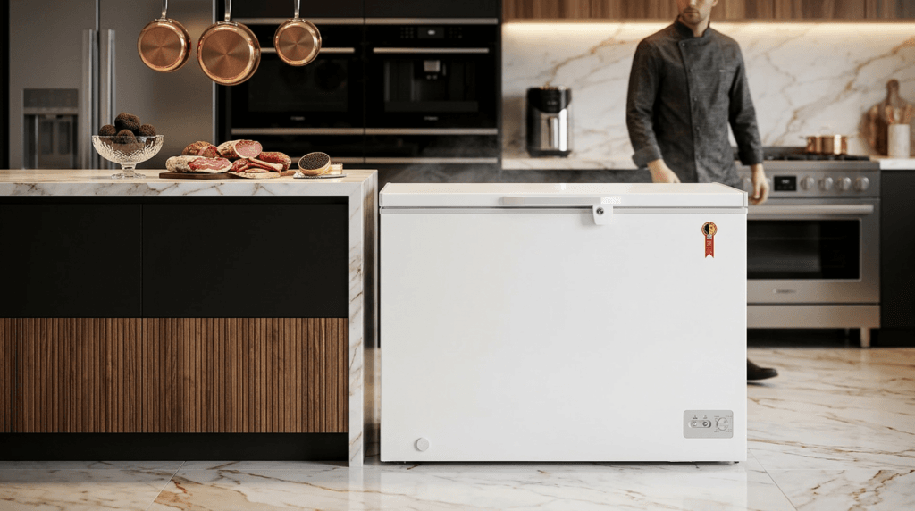 Freezer Horizontal Midea RCFA32 em cozinha moderna com cesto aramado aberto