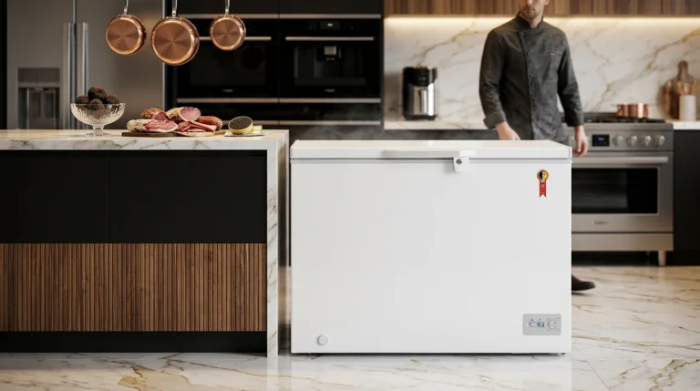 Freezer Horizontal Midea RCFA32 em cozinha moderna com cesto aramado aberto
