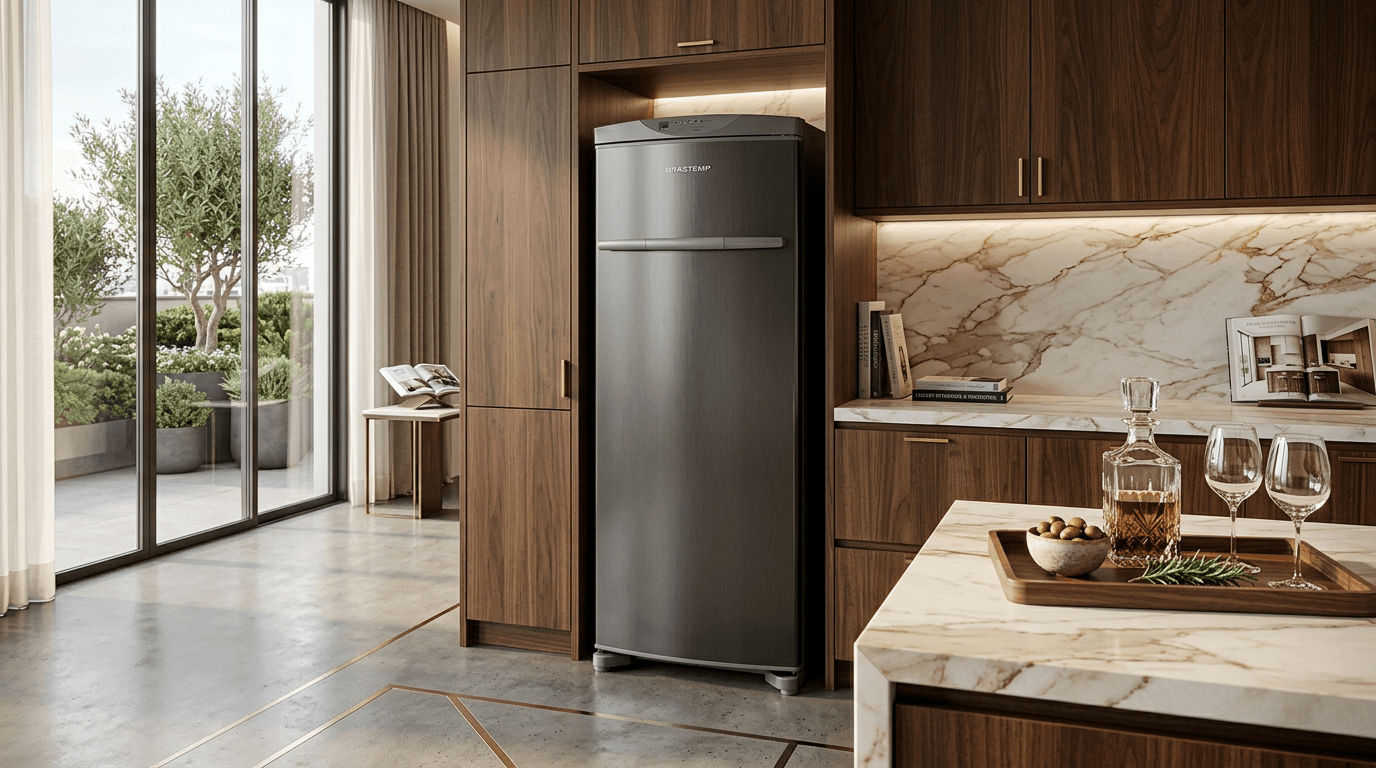 Freezer Vertical Brastemp BVR28PK prateado em cozinha moderna com prateleiras organizadas