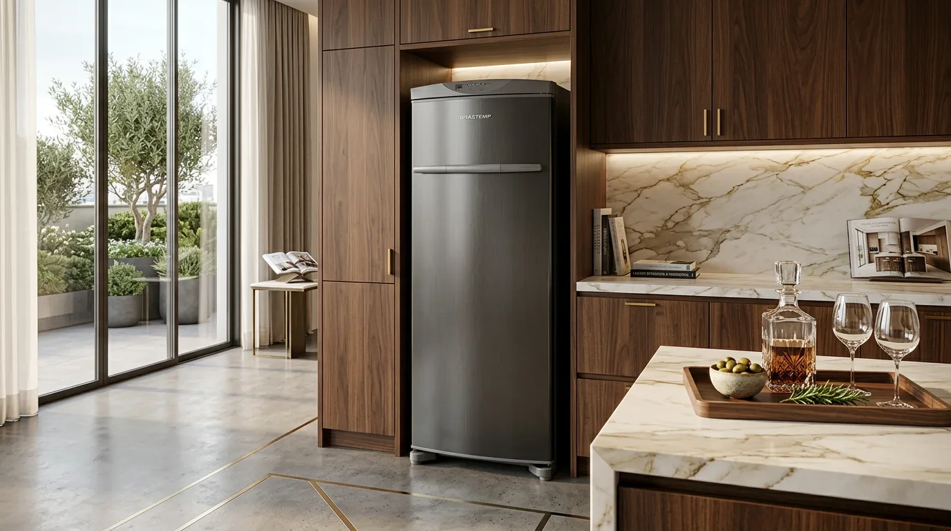Freezer Vertical Brastemp BVR28PK prateado em cozinha moderna com prateleiras organizadas