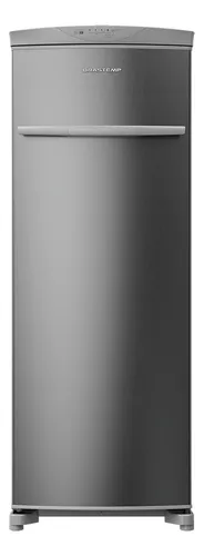 Freezer Vertical Brastemp BVR28PK prateado com portas reversíveis e prateleiras organizadas