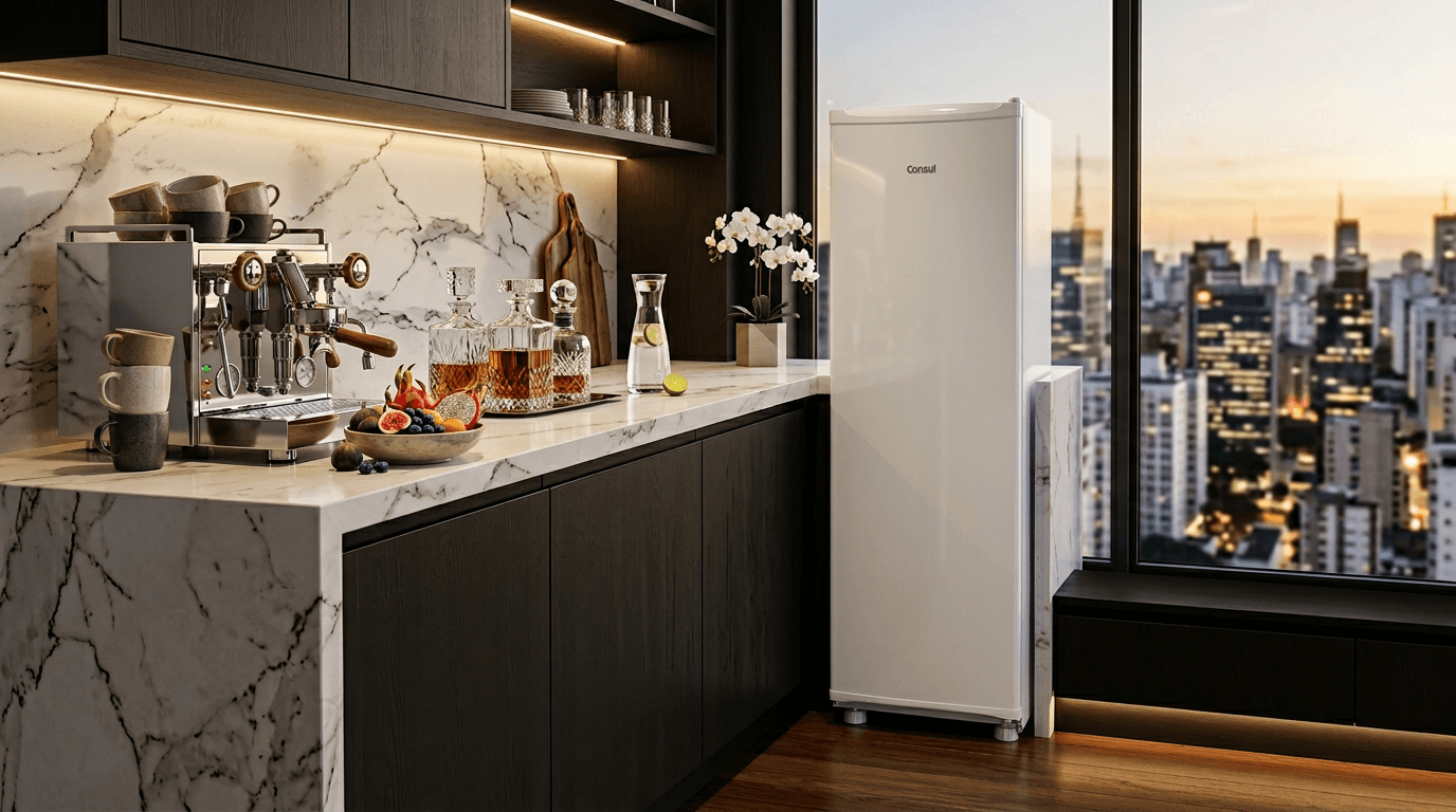 Freezer Vertical Consul CVU20GB slim branco em cozinha moderna compacta