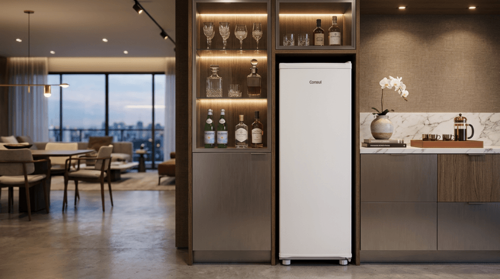 Freezer Vertical Consul CVU20MB em cozinha moderna com cestos organizados