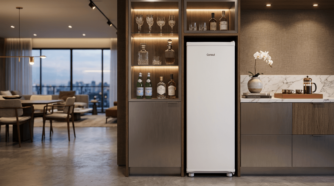 Freezer Vertical Consul CVU20MB em cozinha moderna com cestos organizados