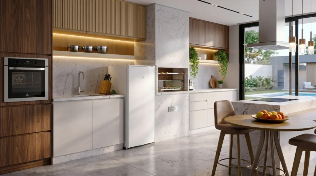 Freezer Vertical Electrolux FEI19 em cozinha moderna compacta com portas abertas mostrando organização interna.