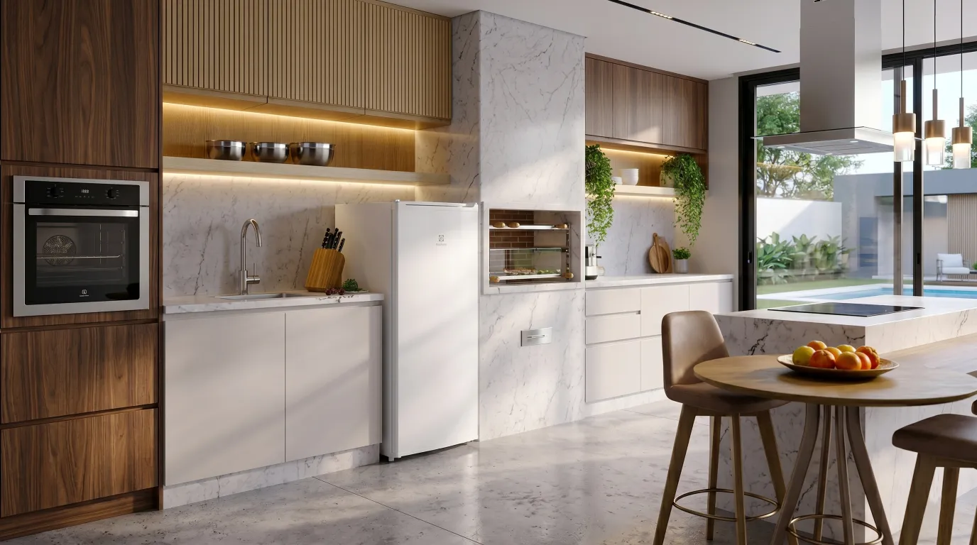 Freezer Vertical Electrolux FEI19 em cozinha moderna compacta com portas abertas mostrando organização interna.