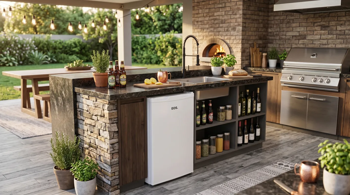 Freezer Vertical EOS EFV70 em cozinha compacta moderna com alimentos organizados