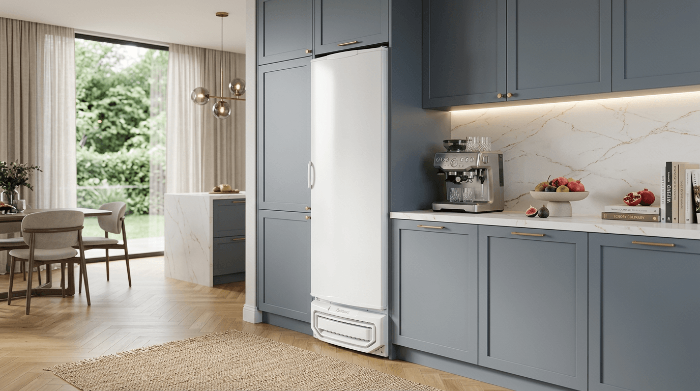 Freezer Vertical Gelopar GPC57BR em cozinha comercial moderna com prateleiras cheias