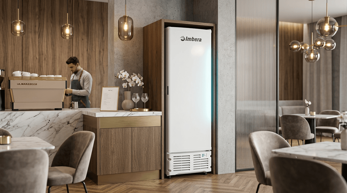 Freezer Vertical Imbera EVZ21 em cozinha industrial moderna com prateleiras cheias