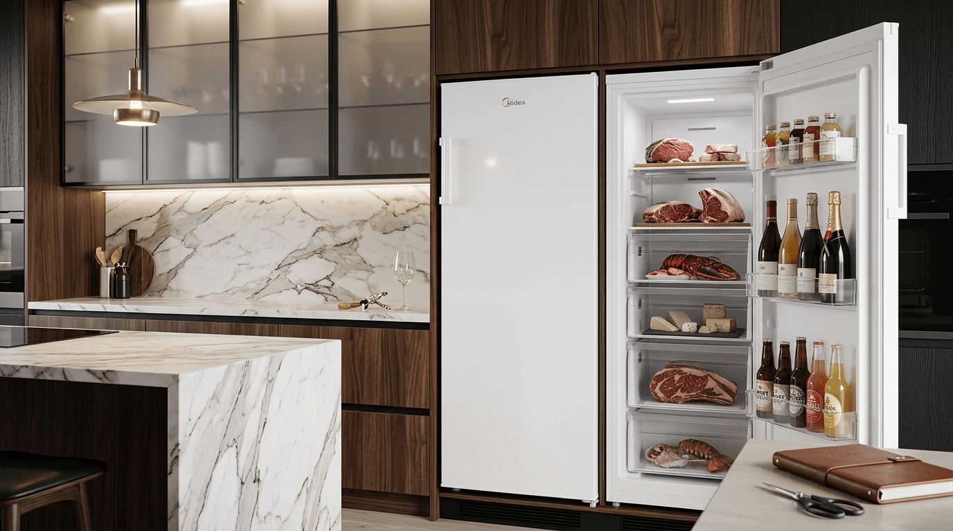 Freezer Vertical Midea MDRU276FZA011 em cozinha moderna com prateleiras organizadas