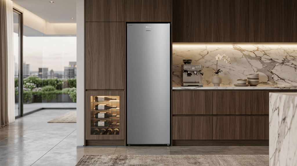 Freezer Vertical Philco PFV205I em cozinha moderna com prateleiras organizadas