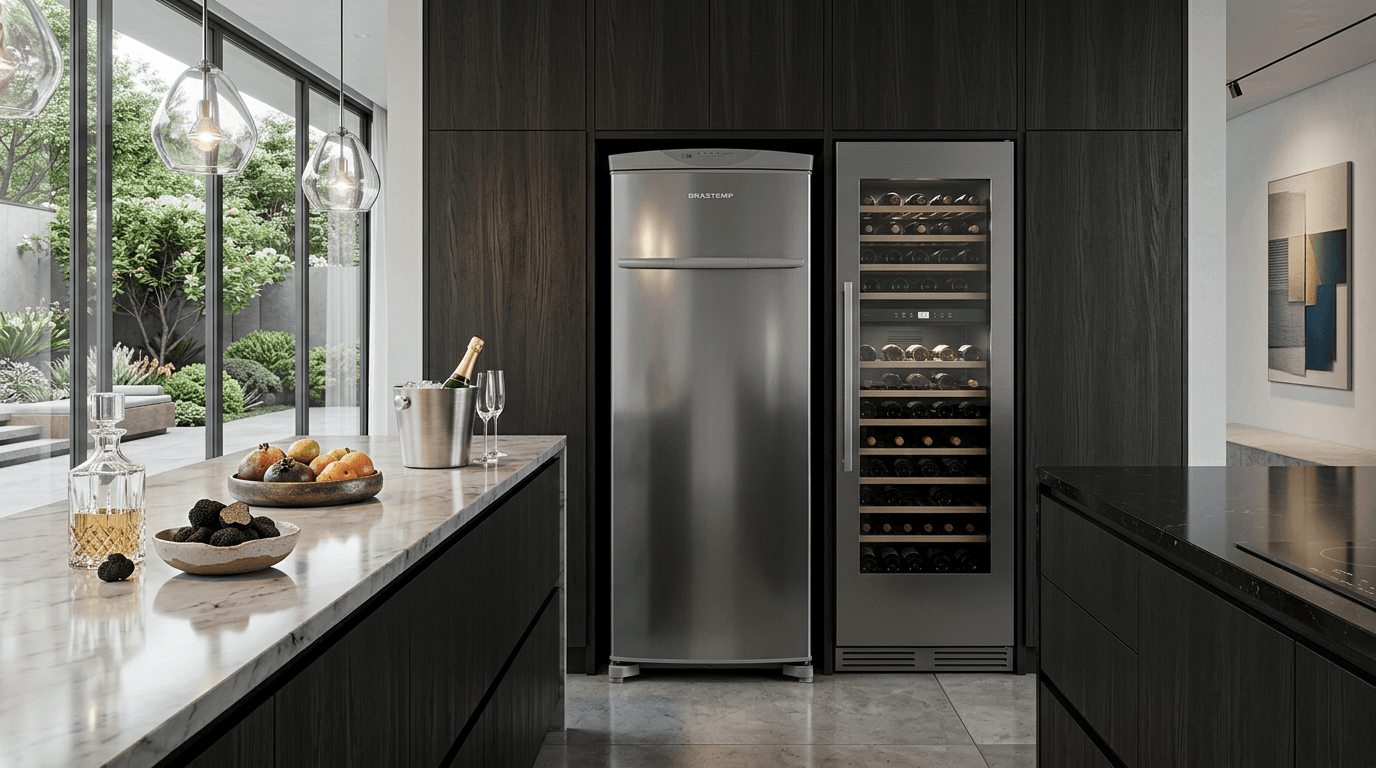 Melhor Freezer Vertical Brastemp BVR28PK Flex Frost Free em cozinha moderna luxuosa