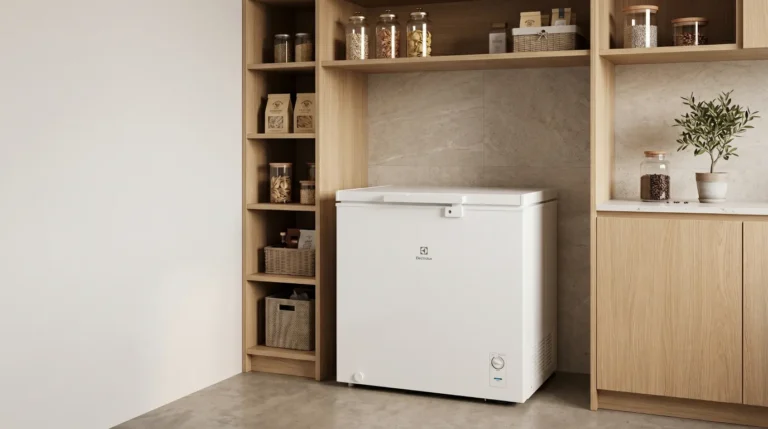 Freezer Horizontal Electrolux HE200 em cozinha moderna com porta aberta iluminada