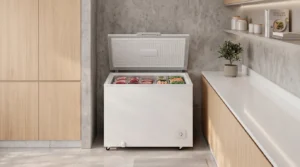 Freezer Horizontal Electrolux HI330 com tampa aberta em lavanderia moderna organizada