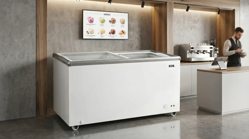 Freezer Horizontal EOS EEH300 em cozinha comercial moderna com tampa LOW-E aberta