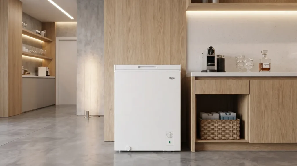 Freezer Horizontal Philco PFH105B em cozinha moderna com alimentos organizados
