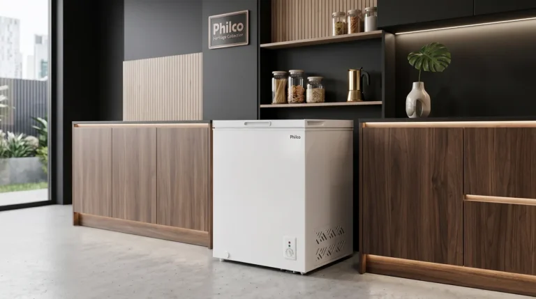 Freezer Horizontal Philco PFH160B branco em cozinha moderna com alimentos organizados