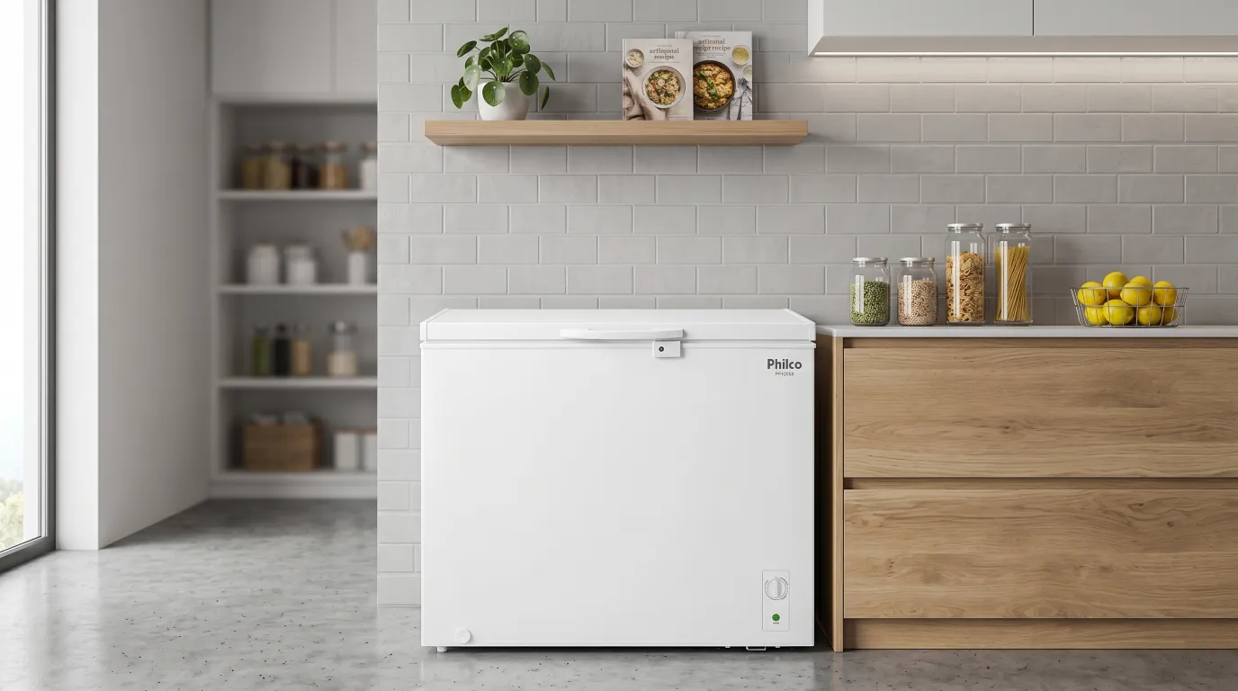Freezer Horizontal Philco PFH205B em cozinha moderna com alimentos organizados
