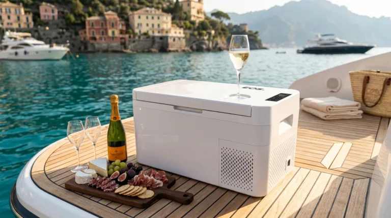Geladeira Portátil EOS EFC20 - compacta quadrivolt branca em ambiente de acampamento moderno e elegante