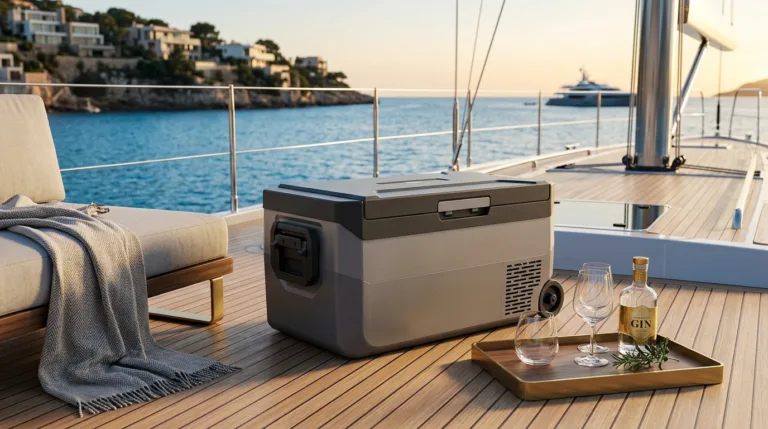 Geladeira Portátil EOS EFC40 - cooler compressor cinza quadrivolt em cenário de acampamento premium