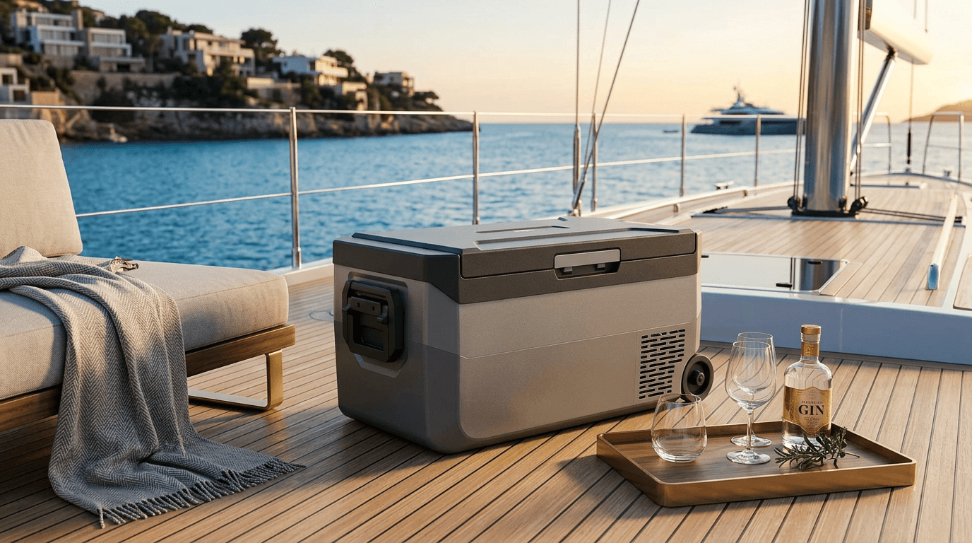 Geladeira Portátil EOS EFC40 - cooler compressor cinza quadrivolt em cenário de acampamento premium