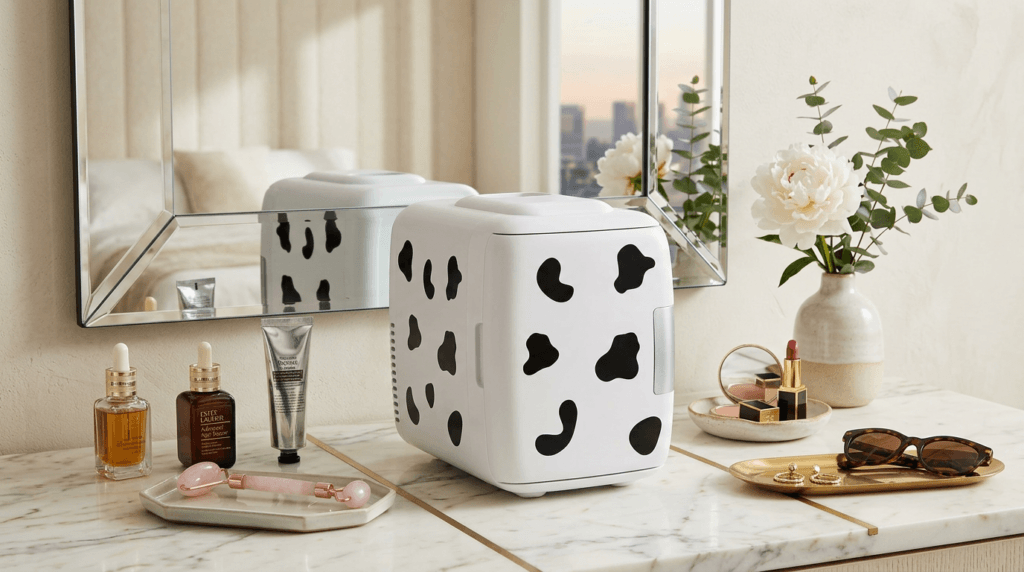 Mini Geladeira Cooluli CMF6C - mini geladeira portátil com estampa de vaca em bancada moderna de escritório