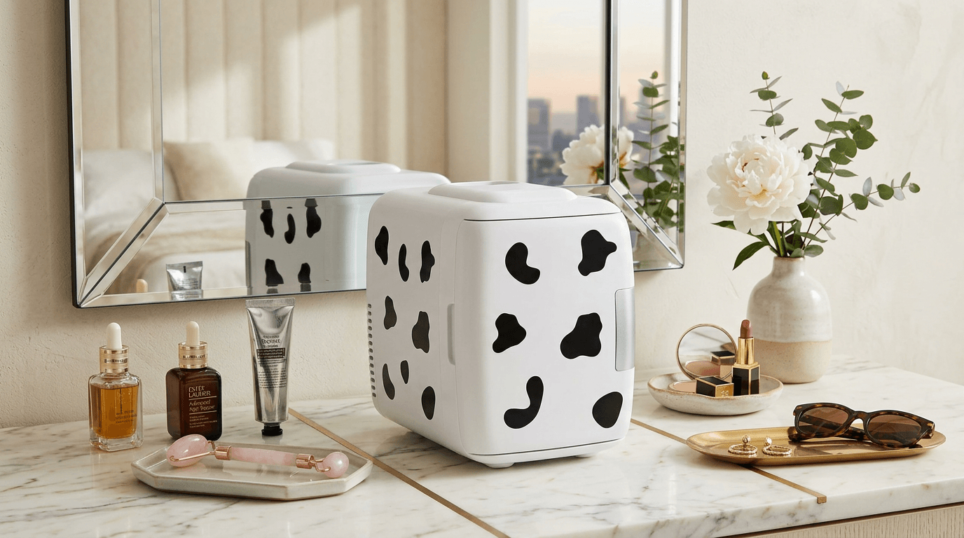 Mini Geladeira Cooluli CMF6C - mini geladeira portátil com estampa de vaca em bancada moderna de escritório