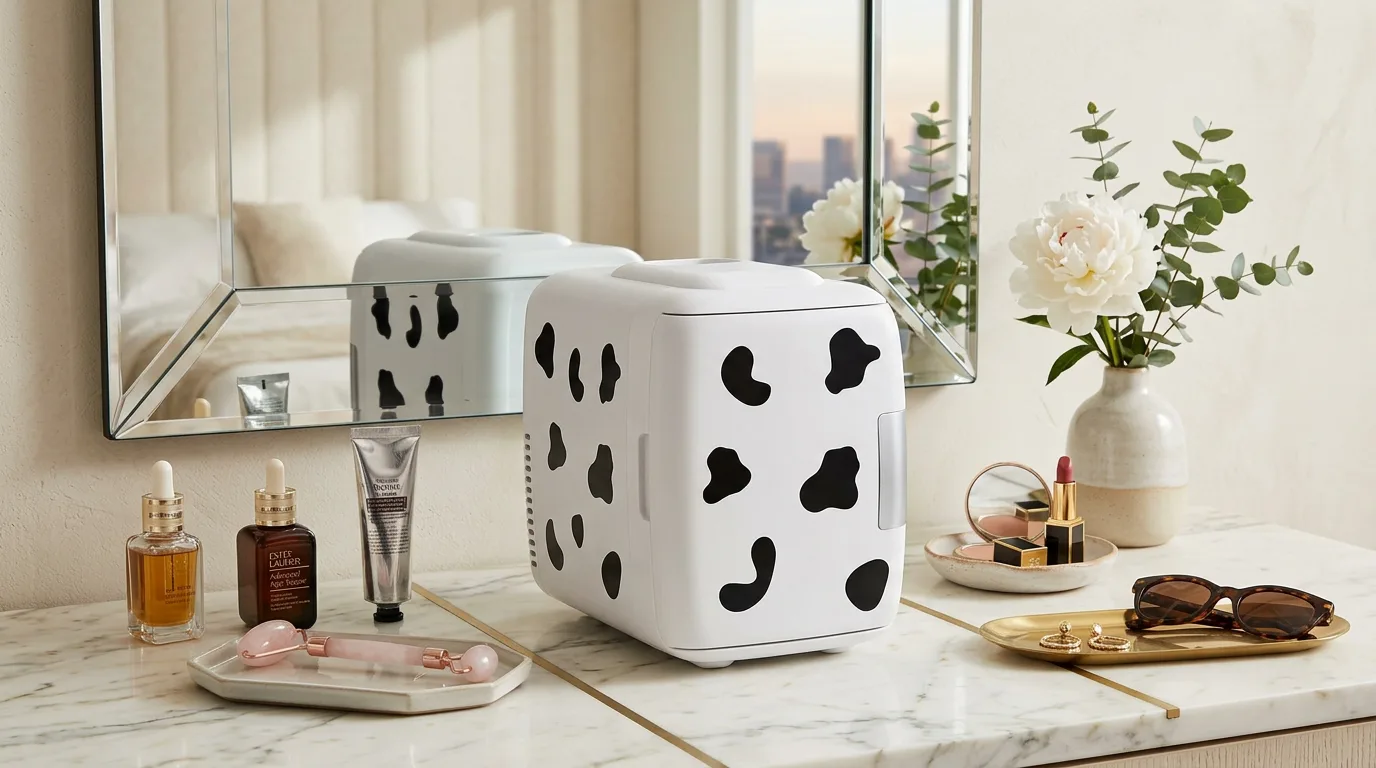 Mini Geladeira Cooluli CMF6C - mini geladeira portátil com estampa de vaca em bancada moderna de escritório