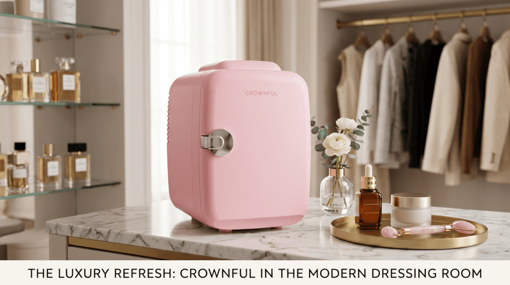 Mini Geladeira CROWNFUL CF-PC4LBLK - mini refrigerador rosa portátil sobre mesa de cabeceira com produtos de skincare e água gelada