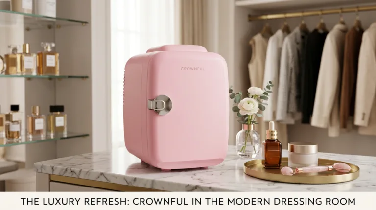Mini Geladeira CROWNFUL CF-PC4LBLK - mini refrigerador rosa portátil sobre mesa de cabeceira com produtos de skincare e água gelada