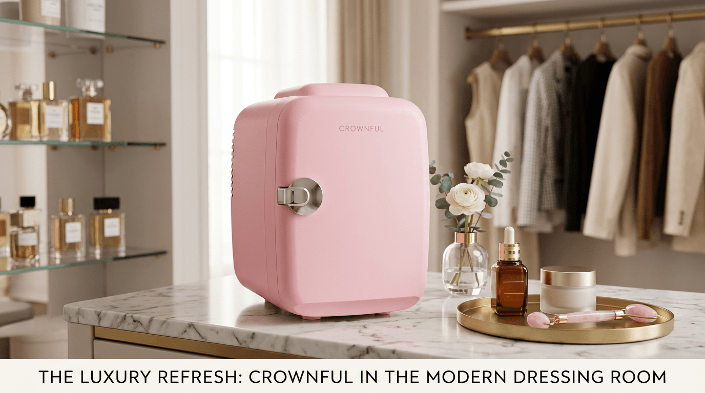 Mini Geladeira CROWNFUL CF-PC4LBLK - mini refrigerador rosa portátil sobre mesa de cabeceira com produtos de skincare e água gelada