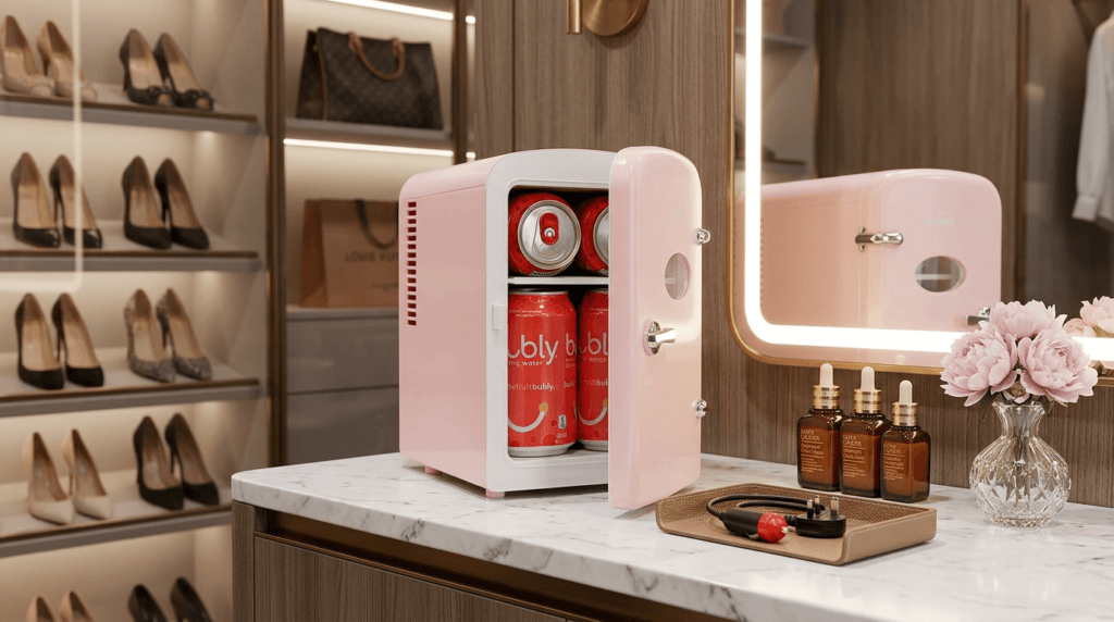 Mini Geladeira Koolatron DC04 - cooler retro rosa compacto sobre mesa de maquiagem elegante com cosméticos ao redor