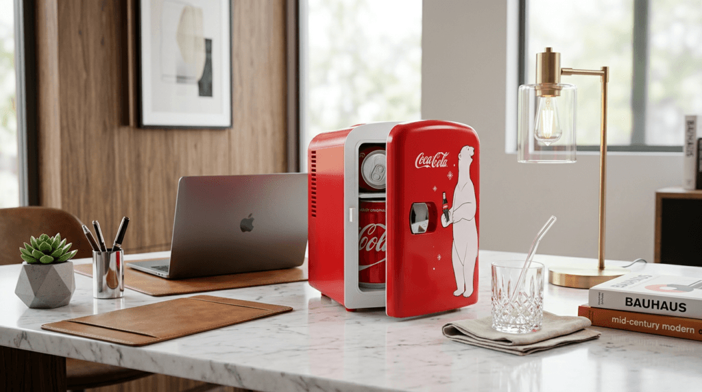 Mini Geladeira Koolatron KWC4 - mini geladeira vermelha temática da Coca Cola em dormitório moderno com latas ao redor