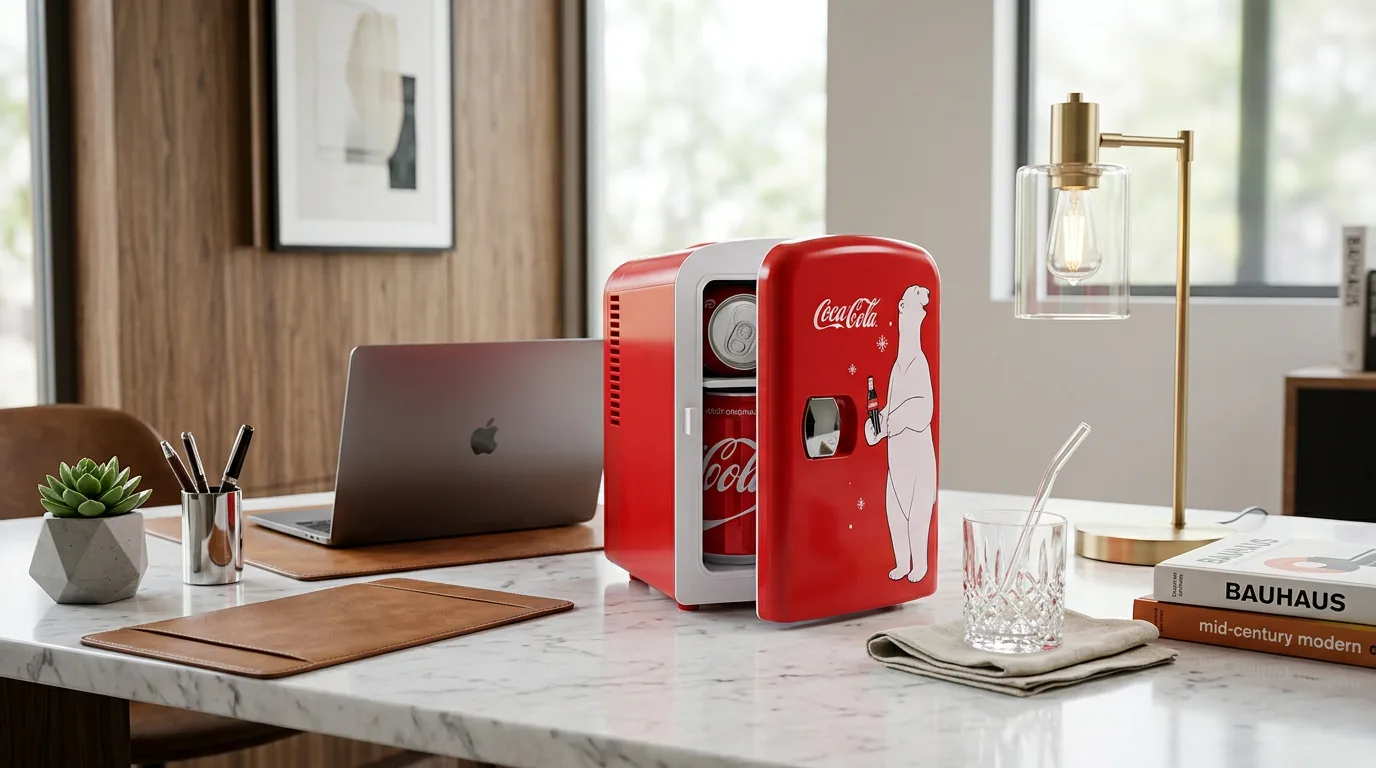 Mini Geladeira Koolatron KWC4 - mini geladeira vermelha temática da Coca Cola em dormitório moderno com latas ao redor