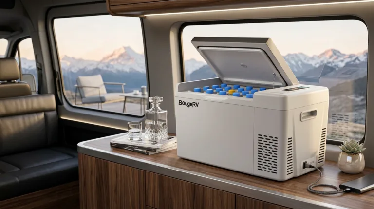 Refrigerador Portátil BougeRV CR22 em van moderna preparada para acampamento com capa isolante e organização interna visível