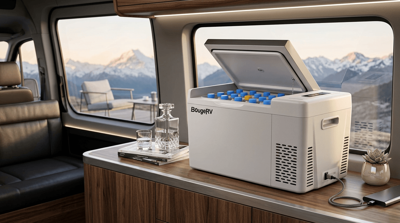 Refrigerador Portátil BougeRV CR22 em van moderna preparada para acampamento com capa isolante e organização interna visível